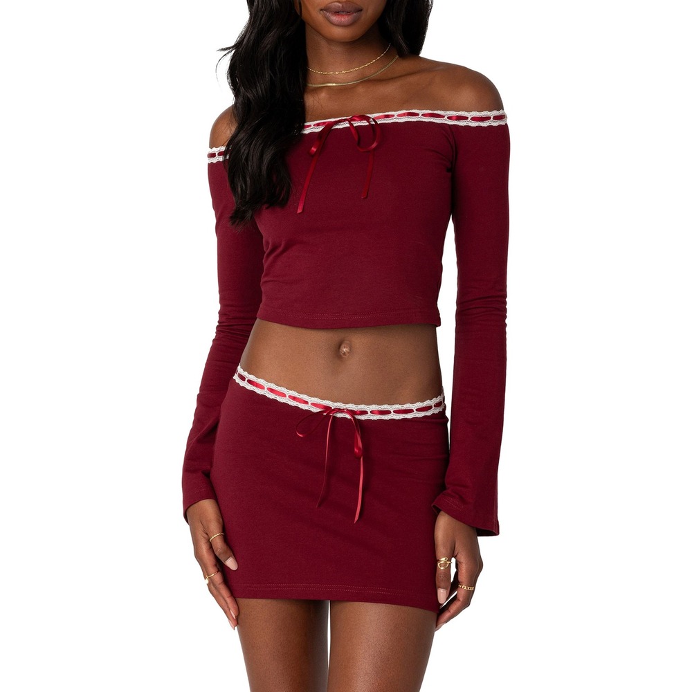 NWT Edikted Burgundy Lace Ribbon Trim Off Shoulder Crop Top Mini Skirt Set S/XS